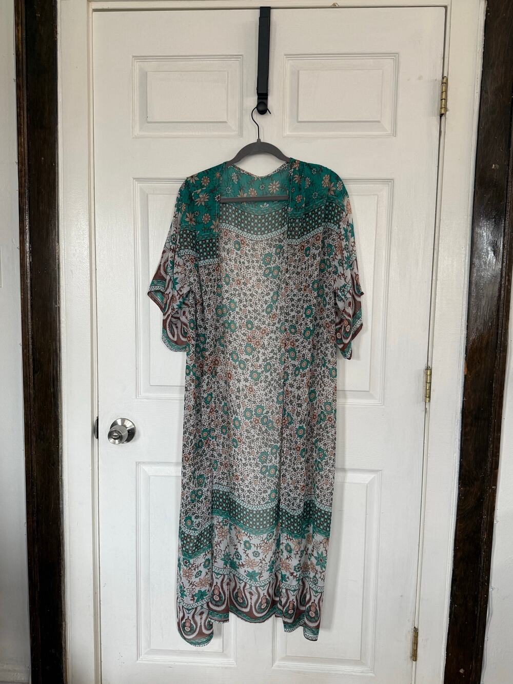 Boho Teal Floral Sheer Longline Kimono Duster Cardigan